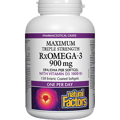Natural Factors Maximum Triple Strength RxOMEGA-3 with Vitamin D3 1000 IU, 150 Softgels