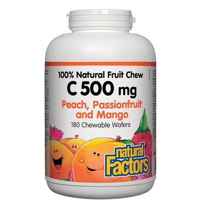 Natural Factors C 500mg Natural Fruit Chews - Peach, Passionfruit and Mango Flavour 180 Wafers