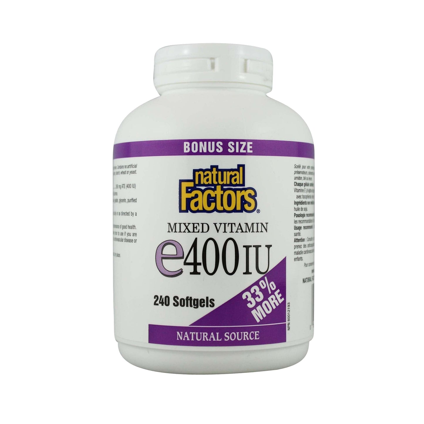 Natural Factors Vitamin E Mixed 400 IU BONUS SIZE, 240 Softgels